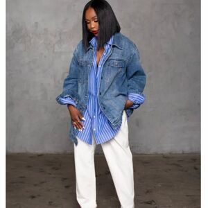 Future Collective Kahlana Barfield Brown Paint Asymmetrical Jean Jacket- Large